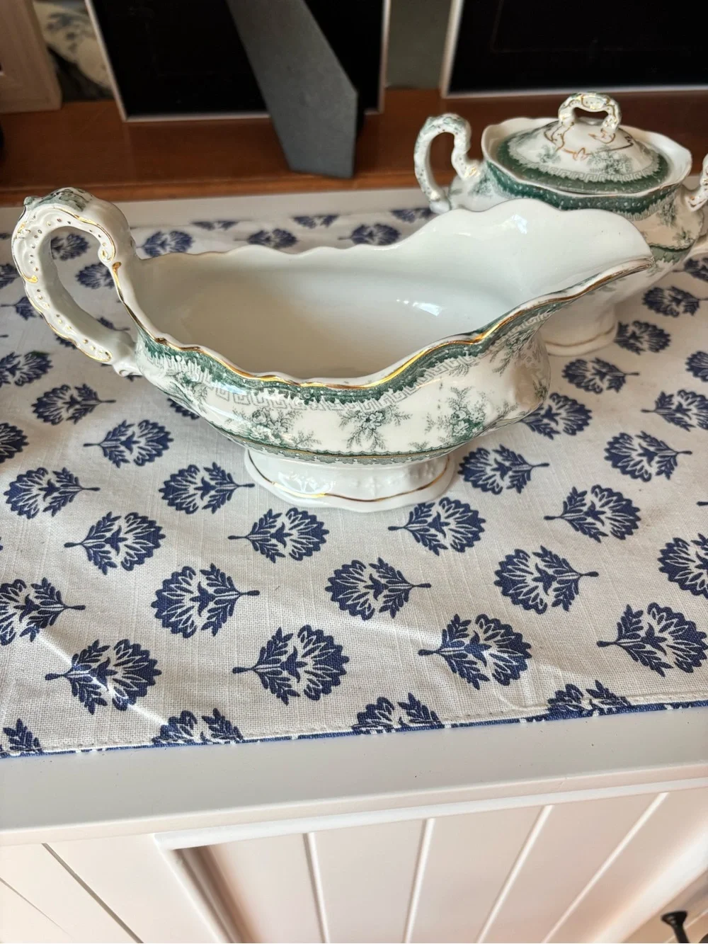Antique Greenand White Transferwa Floral Porcelain Gravy Boat and Sugar Bowl Set